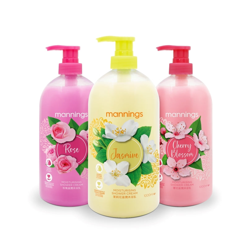 Mannings Rose + Jasmine + Cherry Blossom Moisturising Shower Cream Pack 1000ml x 3pcs