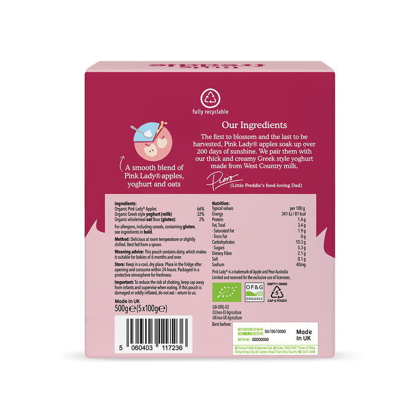Little Freddie Organic Creamy Pink Lady Apple Greek Style Yoghurt 100g x 5pcs