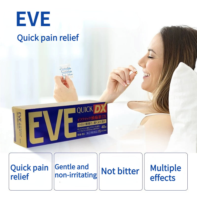 Japan EVE painkillers include ibuprofen, dysmenorrhea, toothache, headache, menstrual pain relievers, and adult antipyretics