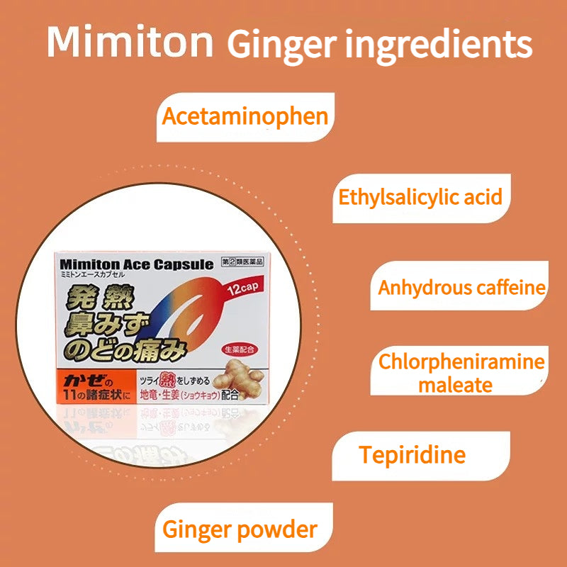 Japan Mimiton ginger cold medicine 12 pcs for adults to relieve fever, headache, cough, nasal congestion, joint pain and muscle pain