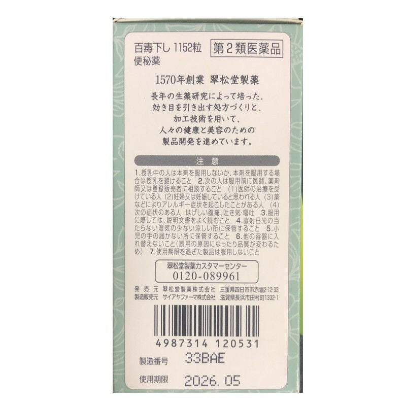 Japan SuiShoDo Hyakudoku Kudashi  Reduce heat and dampness 256/480/1152/2560 tablets 日本翠松堂祛湿整肠丸