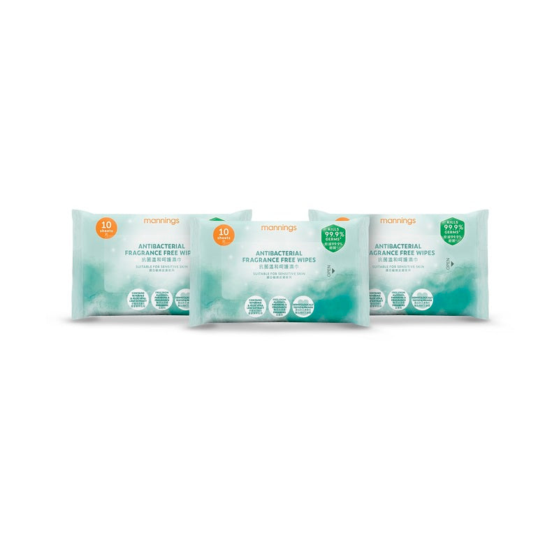 Mannings Antibacterial Fragrance Free Wipes 10pcs x 3 Packs