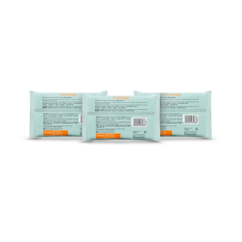 Mannings Antibacterial Fragrance Free Wipes 10pcs x 3 Packs