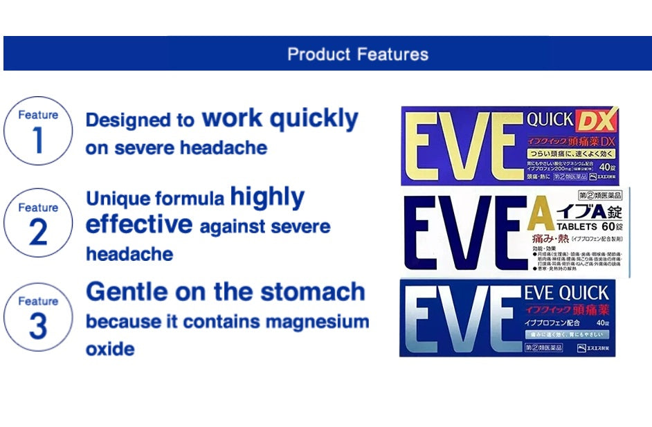Japan EVE painkillers include ibuprofen, dysmenorrhea, toothache, headache, menstrual pain relievers, and adult antipyretics